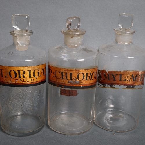 3006 - A group of six clear glass apothecary bottles, each with stopper, all have gold gilt period labellin... 