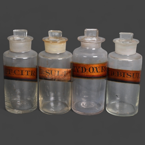 3009 - A group of four clear glass apothecary bottles, each with stopper, all have gold gilt period labels,... 