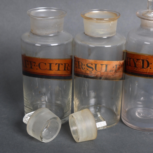 3009 - A group of four clear glass apothecary bottles, each with stopper, all have gold gilt period labels,... 