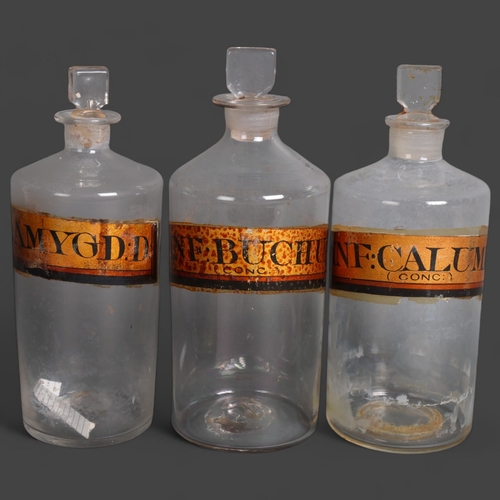 3011 - A group of three apothecary bottles, each with stopper, all with gold gilt period labelling, height ... 