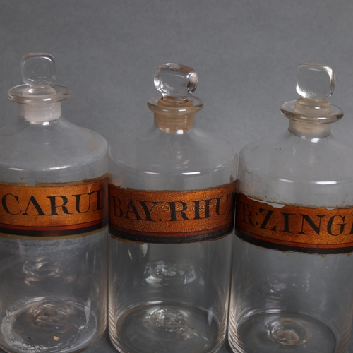 3012 - A group of six apothecary bottles, each with stopper, all have gold gilt period labelling, height 19... 