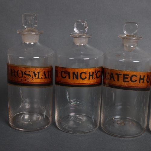 3012 - A group of six apothecary bottles, each with stopper, all have gold gilt period labelling, height 19... 