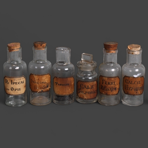 3013 - A group of six small corked apothecary bottles, each with period hand written paper labels, includin... 