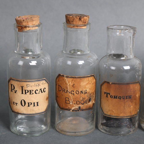 3013 - A group of six small corked apothecary bottles, each with period hand written paper labels, includin... 