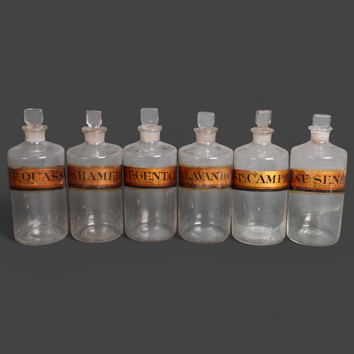 3017 - A group of six clear glass narrow necked apothecary bottles, each with stopper, all have gold gilt p... 