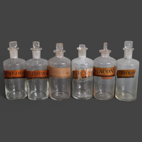 3021 - A group of six clear glass apothecary bottles, each with stoppers, all have period gilt gold labels,... 