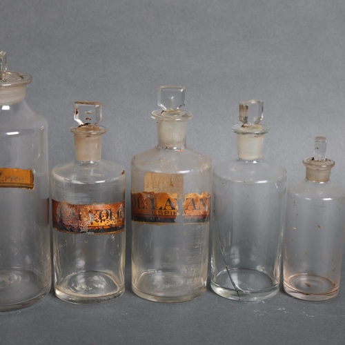 3022 - A group of six clear glass apothecary bottles, each with stopper, all have gold gilt period labels, ... 