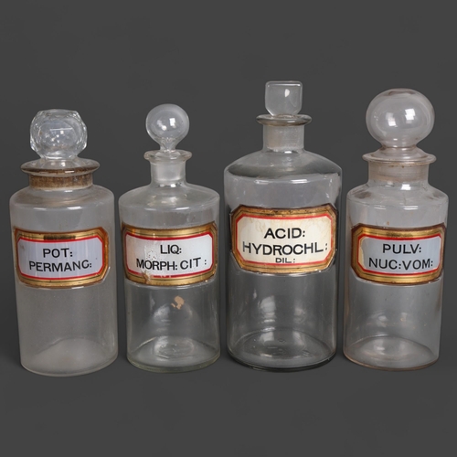 3043 - A group of four clear glass apothecary bottles, each with stopper, all have glass and gilt lettered ... 