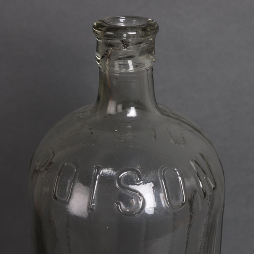 3048 - Two clear glass apothecary bottles, raised moulding to each reads 'Poison', smallest has stopper, la... 