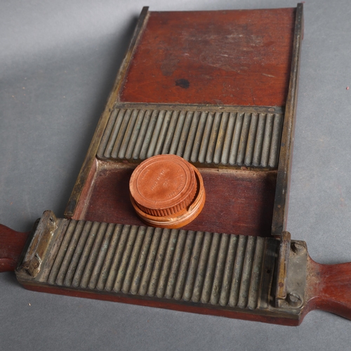 3066 - An antique apothecary pill roller, unmarked, with wooden dish and terracotta pot (missing lid).