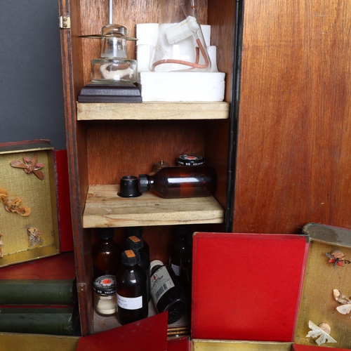 3077 - Collection of Entomological equipment. 
A vintage microscope case, custom fitted with shelves to con... 