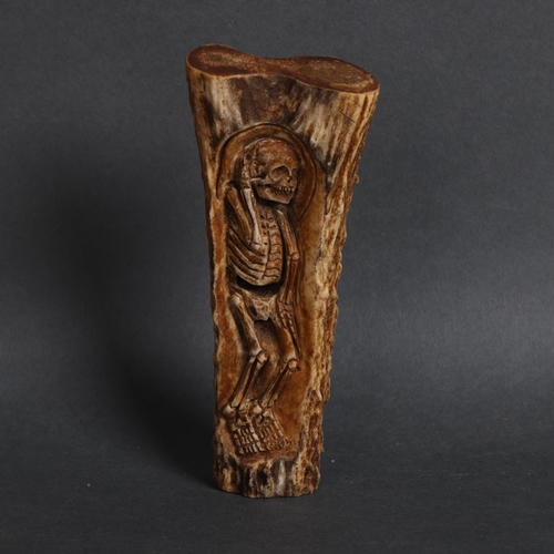 3142 - Curiosity / Macabre: Antler hand-carved in relief either side with skeletons