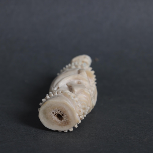 3147 - Curiosity / Macabre: Hand-carved Deer Antler Skull with snake skeleton coiled around