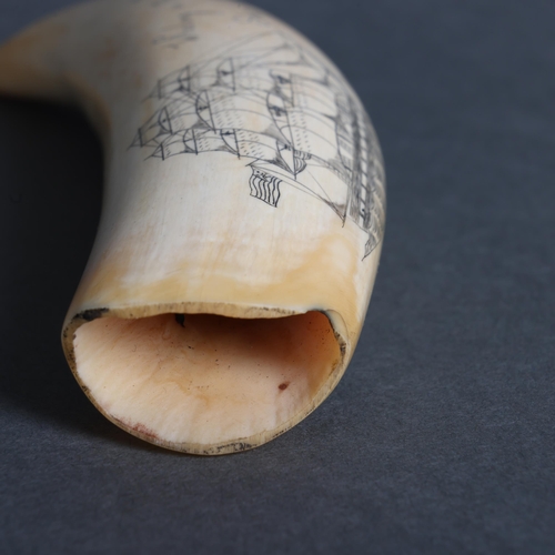 3164 - Scrimshaw Whale Tooth, 19th century. A large polished sperm whale tooth with carved engravings to ei... 