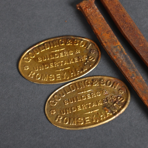 3167 - Pair of Undertaker Label Plaques and a pair of coffin nails. A pair of oval Edwardian gilt metal emb... 