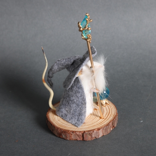 2999 - Taxidermy Wizard Mouse. An anthropomorphic full mount taxidermy mouse, mounted upright on a slice of... 