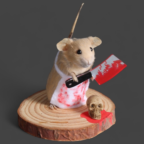 2996 - Taxidermy Mouse holding cleaver. An anthropomorphic full mount taxidermy mouse, mounted upright on a... 