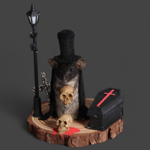 2995 - Taxidermy Gothic Vampire Mouse. An anthropomorphic full mount taxidermy mouse, mounted upright on a ... 