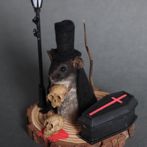 2995 - Taxidermy Gothic Vampire Mouse. An anthropomorphic full mount taxidermy mouse, mounted upright on a ... 