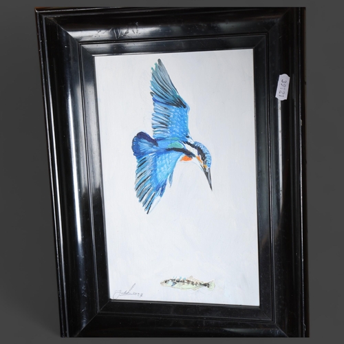 3376 - Clive Fredriksson - oil on wood panel, Kingfisher and Stickleback, signed and dated, framed, overall... 