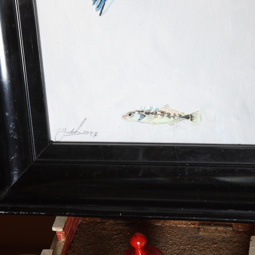 3376 - Clive Fredriksson - oil on wood panel, Kingfisher and Stickleback, signed and dated, framed, overall... 