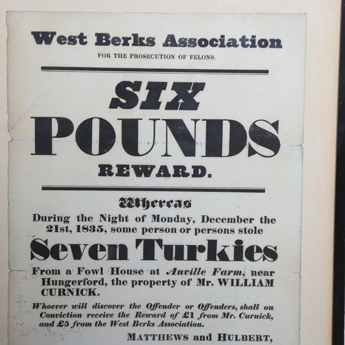 3377 - An antique reward poster, 'West Berks Association, For The Prosecution of Felons', six pounds reward... 