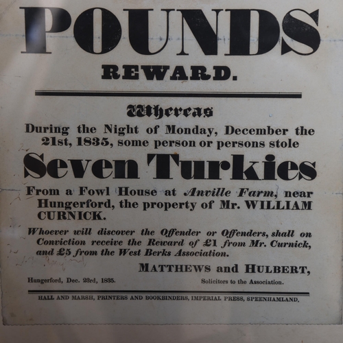 3377 - An antique reward poster, 'West Berks Association, For The Prosecution of Felons', six pounds reward... 