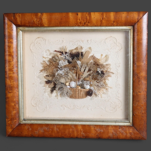 3379 - Framed Seaweed Basket Diorama, 19th century. A miniature wicker basket with various preserved and dr... 