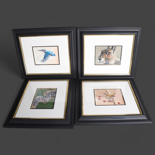 3386 - Clive Fredriksson - a group of four small oils, studies of birds, hares and zebras, signed, framed, ... 