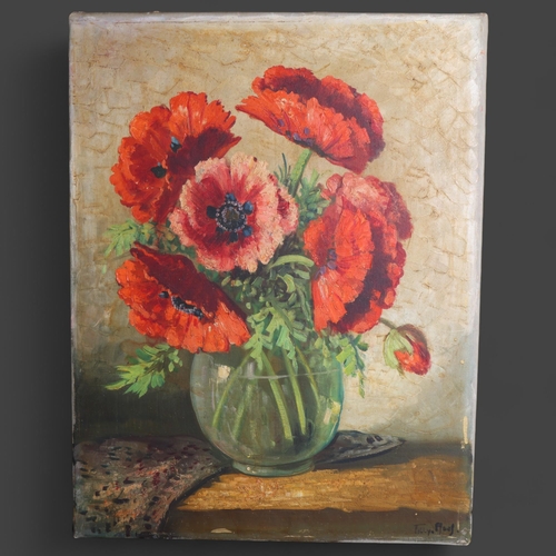 3387 - Oil on canvas, still life, vase of flowers on table, indistinctly signed, unframed, 66cm x 50cm.