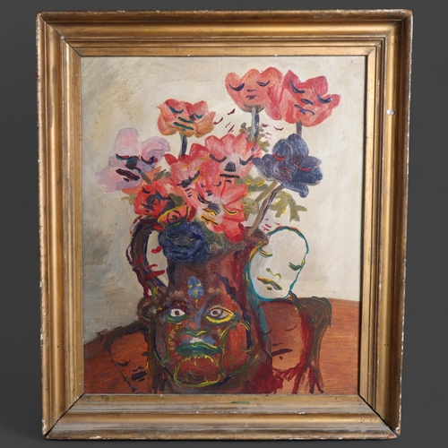 3388 - Curiosity/Macabre : Jeffrey L Reed - oil on board, still life study, vase of flowers on table, with ... 