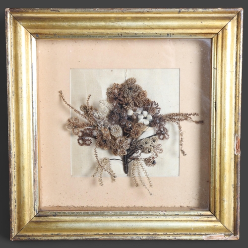 3389 - Natural History : a Victorian, framed and glazed, a dried flower Mourning Wreath arrangement, 28.5cm... 