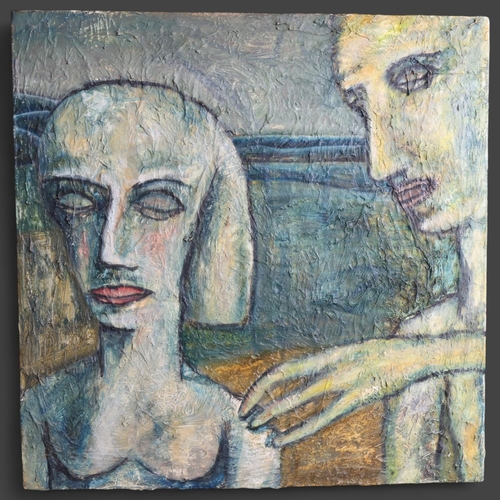 3398 - Curiosity/Macabre : a modern oil on canvas, contemporary study, 'Alien Love', unsigned, 48cm x 47cm.