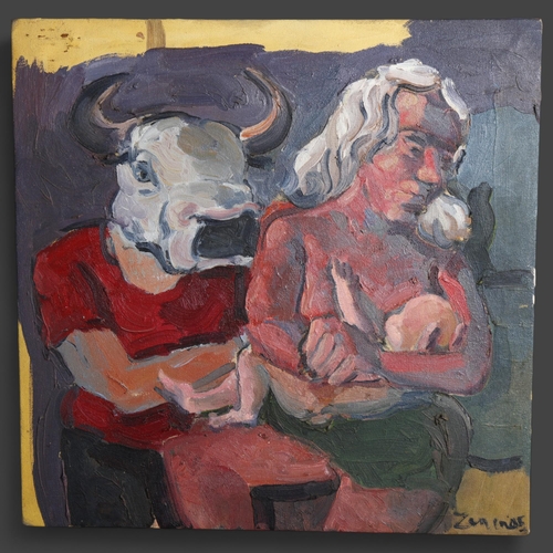 3400 - Curiosity/Macabre : a contemporary oil on canvas, study of a Minotaur, mother and child, indistinctl... 