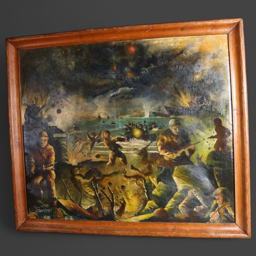 3401 - Curiosity/Macabre : a mid-century oil on canvas, WW2 image depicting beach landing, showing the inte... 