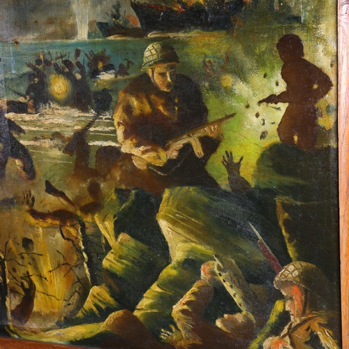 3401 - Curiosity/Macabre : a mid-century oil on canvas, WW2 image depicting beach landing, showing the inte... 