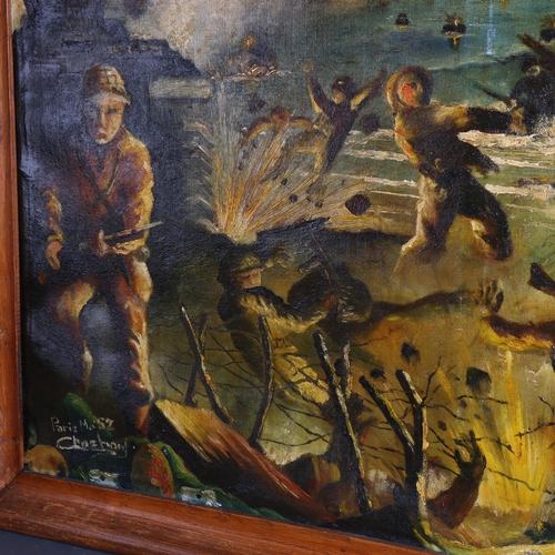 3401 - Curiosity/Macabre : a mid-century oil on canvas, WW2 image depicting beach landing, showing the inte... 