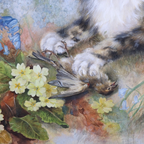 3408 - Natural History: a watercolour on paper, laid on board, study of cat, with 'gift', in hedgerow setti... 