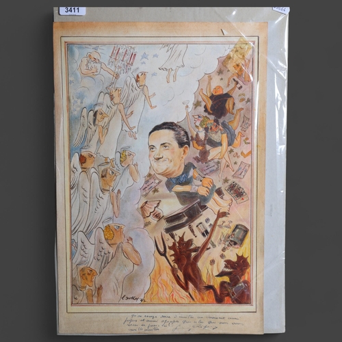 3411 - A satirical French watercolour on paper, signed and dated (1942), 47cm x 32cm.