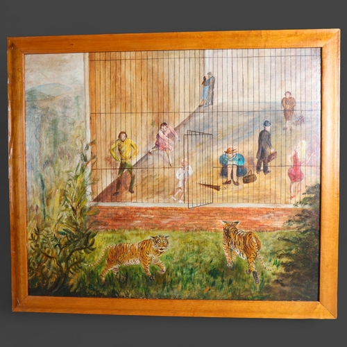 3415 - 'Visiting in Reverse' - an oil on board, image depicting escaped tigers and caged tourists, unsigned... 