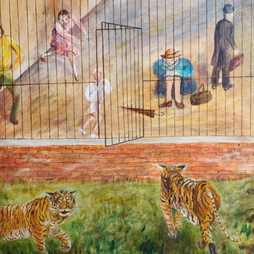 3415 - 'Visiting in Reverse' - an oil on board, image depicting escaped tigers and caged tourists, unsigned... 