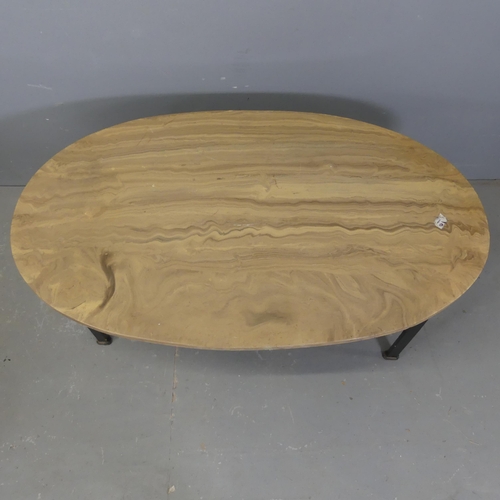 2713 - A composite butterscotch marble-topped oval coffee table on painted metal base. Length 115cm, height... 