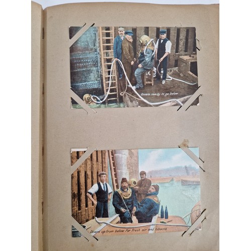 423 - An album of postcards, including several connected with diving and air pumps, and other interesting ... 