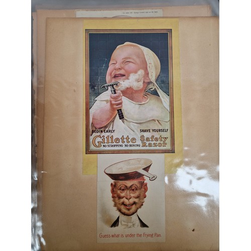 586 - An interesting album of Antique advertising packaging, magazine advertisements, cards, etc