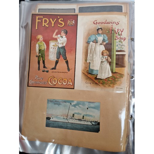 586 - An interesting album of Antique advertising packaging, magazine advertisements, cards, etc