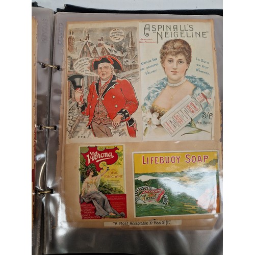 586 - An interesting album of Antique advertising packaging, magazine advertisements, cards, etc