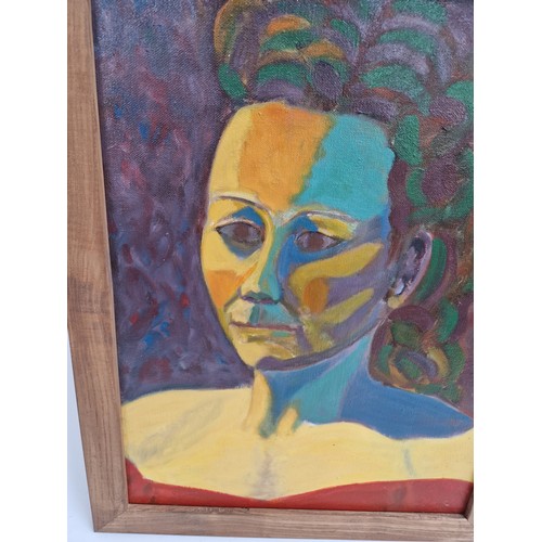 330 - An abstract oil on canvas, portrait study of a female, titled 