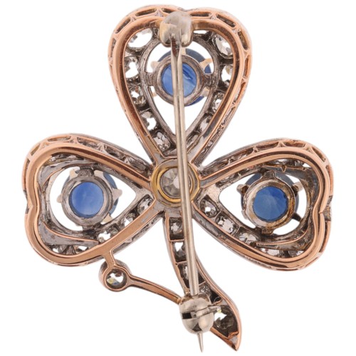 1 - An Antique Victorian Sapphire and Diamond Shamrock Brooch,

late 19th century, the three leaves set ... 