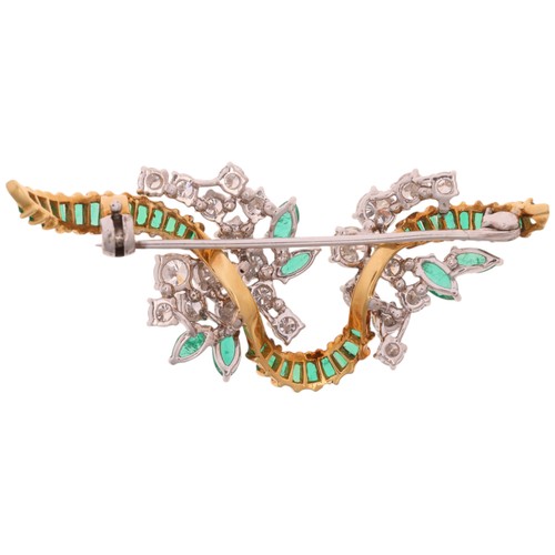 7 - An Emerald and Diamond Brooch,

of ribbon form, claw-set with a row of rectangular step cut emeralds... 