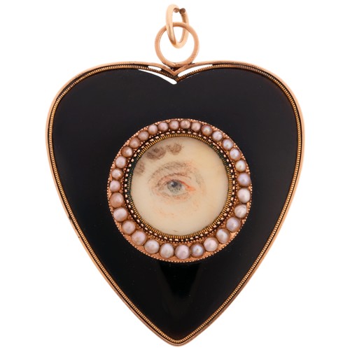 15 - A Georgian Onyx and Pearl 'Lover's Eye' Miniature Heart Pendant,

circa 1820, the polished black ony... 